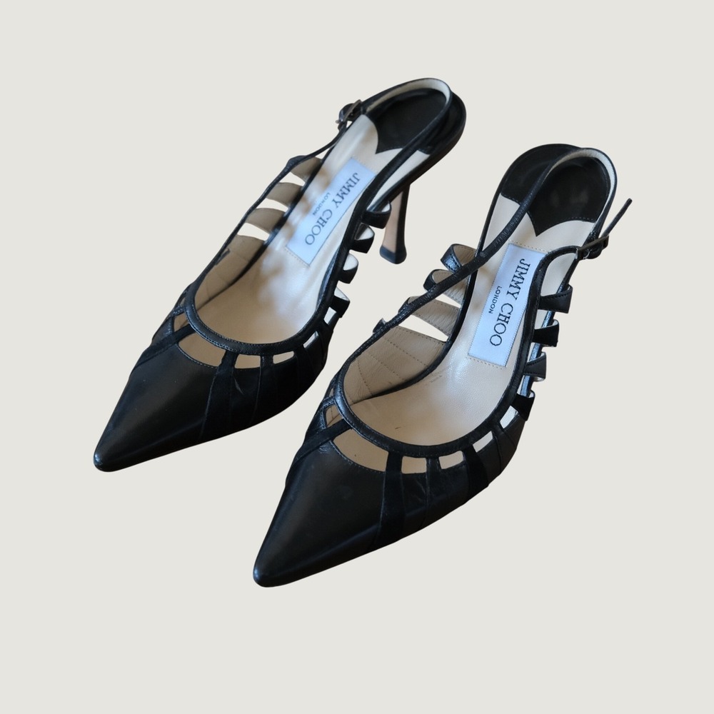 Jimmy Choo Bambi Slingbacks Black Geometric Cutout Leather Y2K Vintage 37.5 Heel